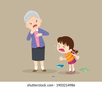 Angry girl scold to sad elderly. Aggressive kid screams at a scared elderly woman. Stop domesic abuse.Family violence and aggression concept.grandchild scold to grandmother.