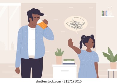 Angry girl showing stop gesture to father drinking beer vector illustration. Cartoon depressed sad kid protesting against unhealthy habits, alcoholism of dad. Alcohol addiction, family abuse concept