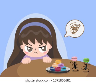 The angry girl sitting at the table with the black ants stole macarons from plate. Vector illustration.