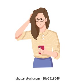 Niña enojada con smartphone en las manos aisló la morena con gafas. Vector caucásico mujer irritada o molesta por recibir llamada o mensaje, charlar o navegar en la red, personaje de dibujo plano