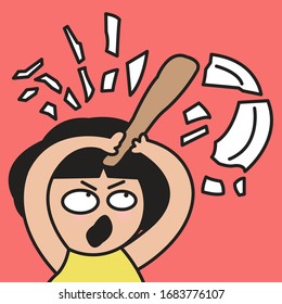 Angry Girl Smashing Or Breaking Plates With A Wooden Stick Concept Card Character illustration