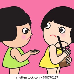 Angry Girl Wants Her Iced Coffee With Straw In Plastic Cup Back From Friend Concept Card Character illustration