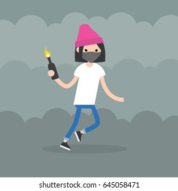 Angry girl wearing a face mask holding a bottle with Molotov cocktail. Flat editable vector illustration, clip art