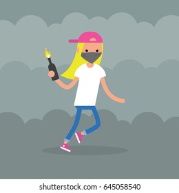 Angry girl wearing a face mask holding a bottle with Molotov cocktail. Flat editable vector illustration, clip art