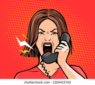 Angry girl or young woman screaming into the phone. Pop art retro comic style. Cartoon vector illustration