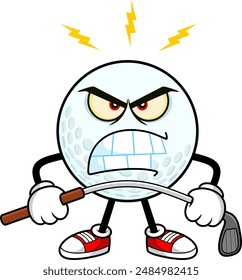 Angry Golf Ball Cartoon Character Bending Golf Club. Vector Hand Drawn Illustration Isolated On Transparent Background