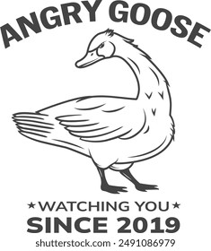 Angry goose vector logo for sport team, apparel, badge, merchandise emblem. Disheveled goose silhouette with its neck thrown back, looking intently at you, preparing to attack. Vintage poultry logo.