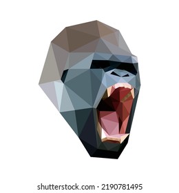 Gorila enojado frente a un vector de baja densidad. Logo de Roaring King Kong. Ilustración del logotipo de la cabeza de Scary Gorilla polígono