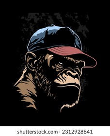 Angry gorilla head in the baseball cap on a dark background.