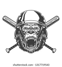 Angry gorilla head in baseball helmet with crossed bats in vintage monochrome style isolated vector illustration