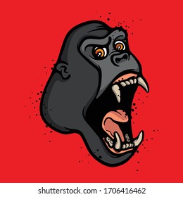 Angry gorilla head with big mouth full sharp canine teeth wide open. Fierce mad king kong head. Animal vector concept. Illustration isolated on red background