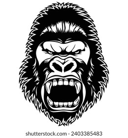 Angry gorilla head in black and white style.