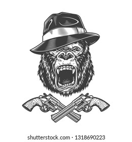 Angry gorilla head in fedora hat with crossed pistols in vintage monochrome style isolated vector illustration