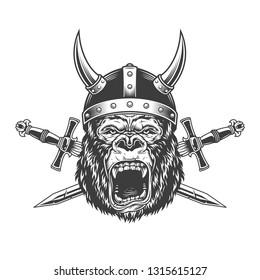 Angry gorilla head in horned viking helmet with crossed swords in vintage monochrome style isolated vector illustration