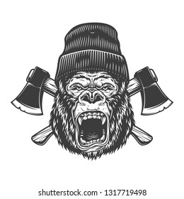 Angry gorilla head in lumberjack hat with crossed axes in vintage monochrome style isolated vector illustration