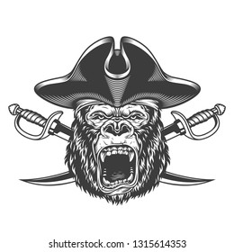 Angry gorilla head in pirate hat with crossed swords in vintage monochrome style isolated vector illustration
