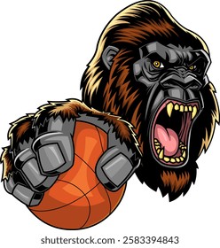 Angry Gorilla Holding Basketball Sports Mascot Logo Design. Vector Hand Drawn Illustration Isolated On Transparent Background