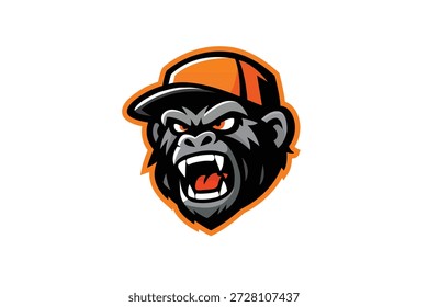 Angry Gorilla Mascot Logo Ilustración vectorial. Cabeza agresiva de simio con gorra naranja para el Equipo de juegos de deportes electrónicos. Diseño de personajes de cara de bestia animal salvaje para deporte, marca de ropa urbana, identidad, insignia y emblema.