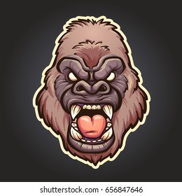 Mascota de gorilas enojada. Ilustración de imágenes prediseñadas vectoriales con gradientes simples. Cabeza, línea blanca y fondo en capas separadas.