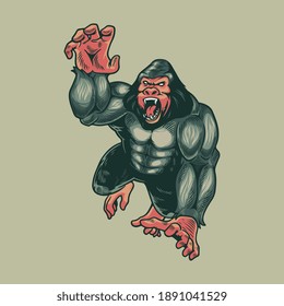 Angry gorilla monkey. Animals primates beast mystic isolated on grey background. Kong mascot logo design vector with modern illustration concept style for badge, emblem and t-shirt printing.