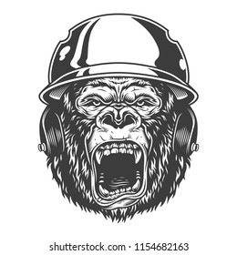 Angry gorilla in monochrome style in baseball helmet. Vector vintage illustration