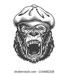 Angry gorilla in monochrome style in classic hat. Vector vintage illustration