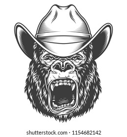 Angry gorilla in monochrome style in cowboy hat. Vector illustration