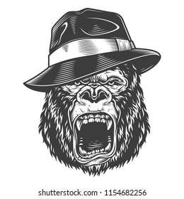 Angry gorilla in monochrome style in fedora hat. Vector vintage illustration