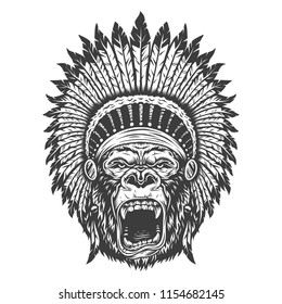 Angry Gorilla In Monochrome Style In Indian Feather Hat. Vector Vintage Illustration