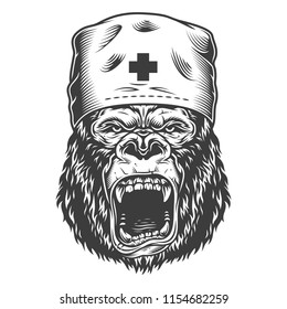 Angry gorilla in monochrome style in medical hat. Vector illustration