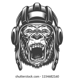 Angry gorilla in monochrome style in pilot helmet. Vector vintage illustration