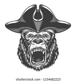 Angry gorilla in monochrome style in pirate hat. Vector illustration