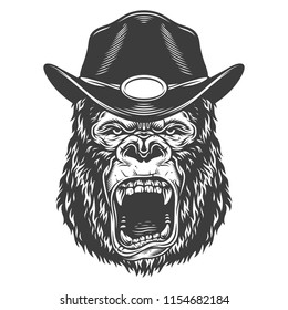 Angry gorilla in monochrome style in sheriff hat. Vector illustration