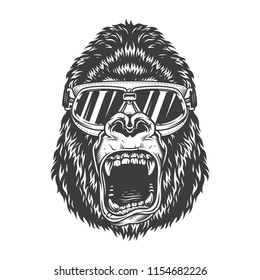 Angry gorilla in monochrome style in ski glasses. Vector vintage illustration