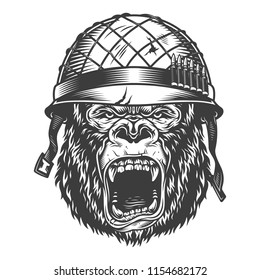 Angry gorilla in monochrome style in soldier helmet. Vector vintage illustration