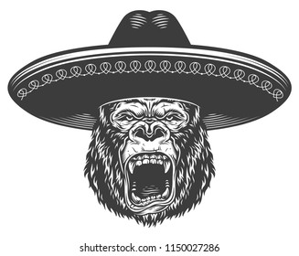 Angry gorilla in monochrome style in sombrero. Vector illustration
