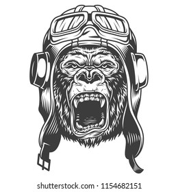 Angry gorilla in monochrome style in tank helmet. Vector vintage illustration