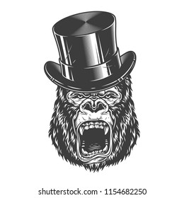 Angry gorilla in monochrome style in top hat. Vector vintage illustration