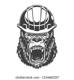 Angry gorilla in monochrome stylein miner helmet. Vector vintage illustration