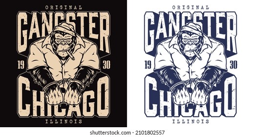 Angry gorilla prisoner in cap, handcuffs and prison jumpsuit smoking cigar logotype with lettering, vector illustration