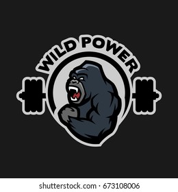 Angry gorilla. Sports gym logo on a dark background.