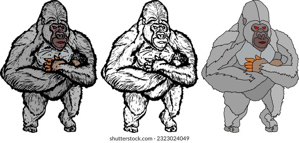 Angry gorilla standing at attention with folded arms, isolated against white. Hand drawn vector illustration.