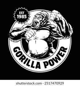 Ilustración de diseño de insignia de camiseta de gorila enojado Antiguas