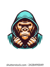 Angry gorilla wearing hoodie ready to fight, retro vintage color, white background, logo, emblem, t shirt, artwork hand drawn illustration