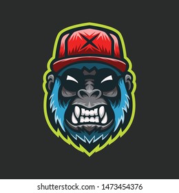 Angry Gorillas Using Sunglasses And Hats Mascot Logo Concept Vector Illustration Cartoon. Suitable For Logo, Wallpaper, Banner, Background, Card, Book Illustration, T-Shirt Design, Sticker, Cover, etc