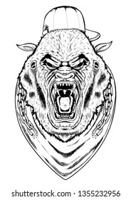 angry gorrila head illustration with chains and hat