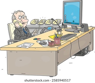 Angry government official or businessman sitting at his desk in an office and talking on a phone, vector cartoon illustration isolated on a white background