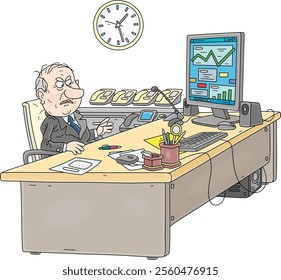 Angry government official sitting at his desk with documents and a computer monitor in his office, vector cartoon illustration isolated on a white background