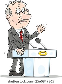 Angry government official taking his very important speech at a meeting or press conference, vector cartoon illustration on a white background