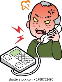 An angry grandfather talking on the phone